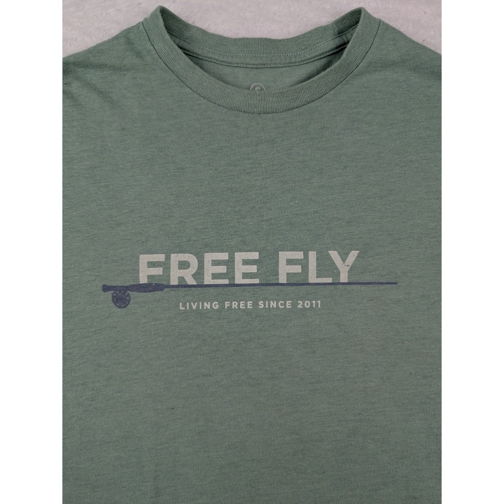 Free Fly T-Shirt Men's S Green Short Sleeve Fly Rod Fly Fishing Graphic